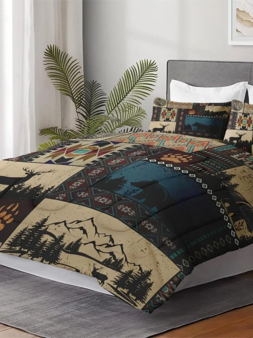 Full Size Comforter Set with 2 Pillowcases, Deer Bear Wildlife 3 Pcs Bedding for